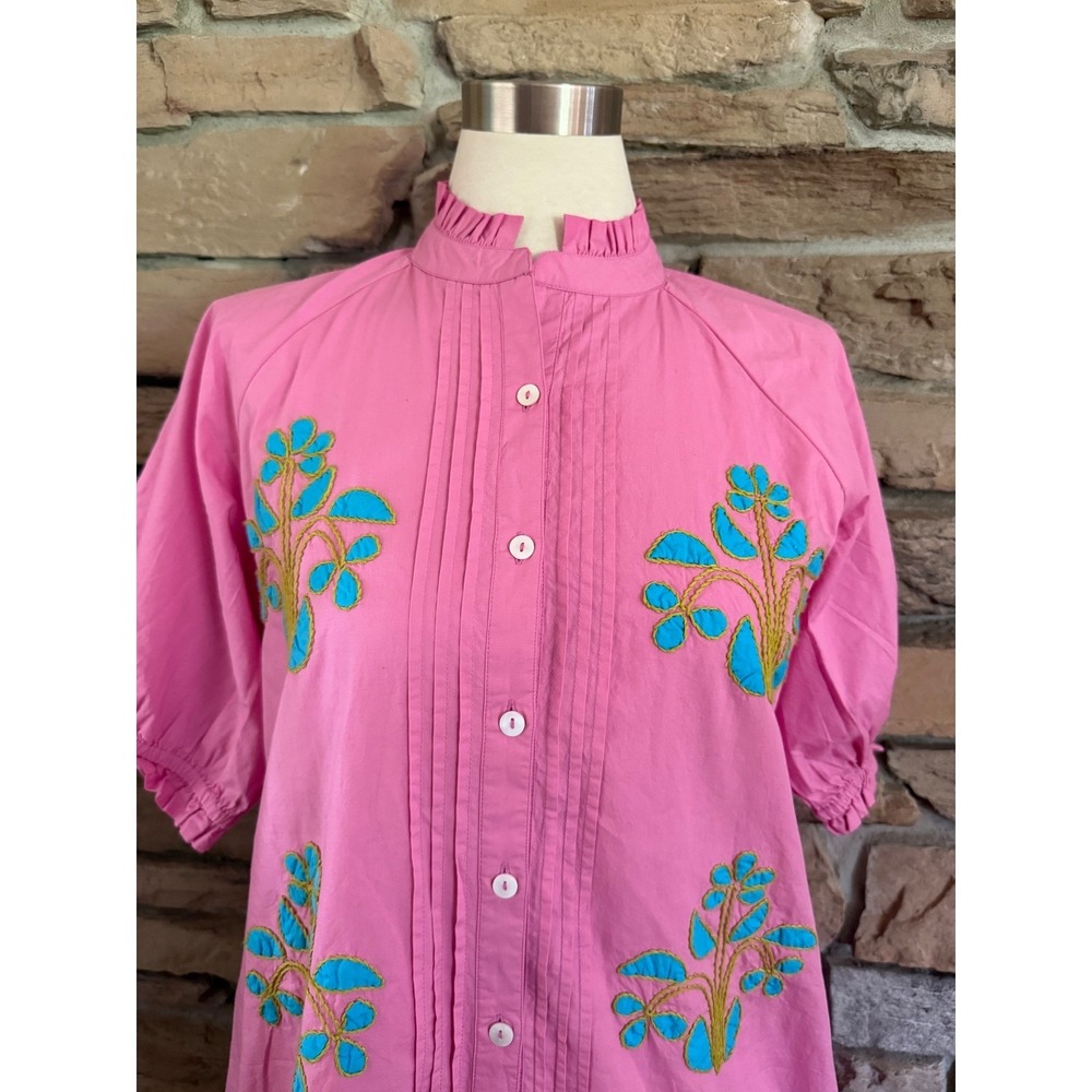 Uncle Frank Pink Embroidered Cotton Shift Dress Ruffle Neck Pintuck Small - Picture 4 of 10